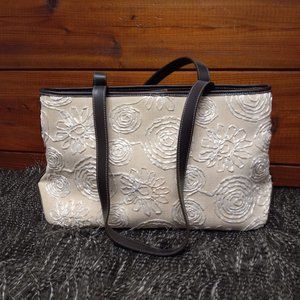 Preston & York Cream & Brown Purse with Beaded Flowers